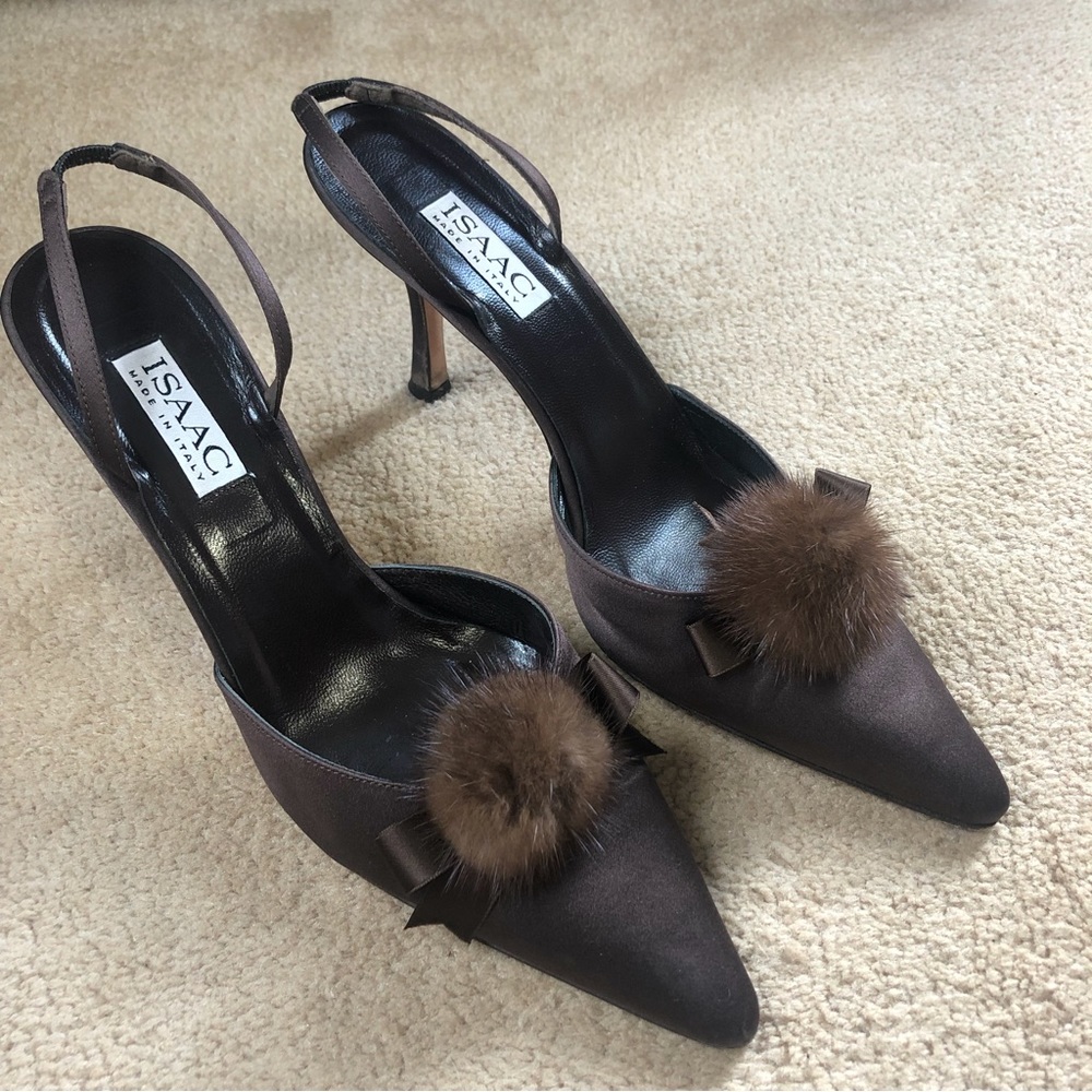 ISAAC Made in Italy brown sling back pumps * Pom Pom fluff * sz 10